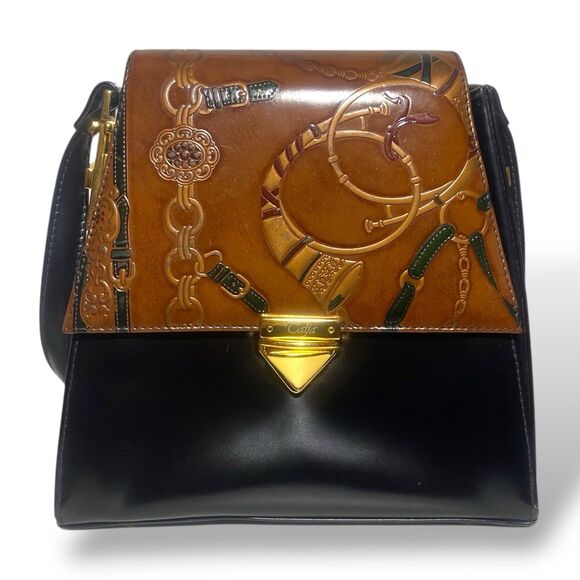 VERA PELLE Calja Equestrian Embossed Leather Shoulder Bag Purse Handmade Italy - Picture 1 of 16